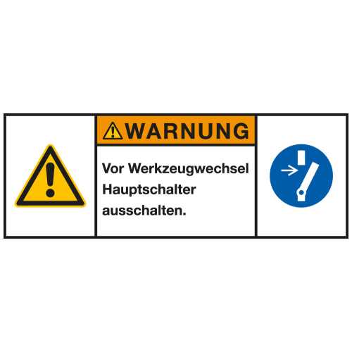 
Produktsicherheitsschild: WARNUNG - Vor Werkzeugwechsel Hauptschalter [...], RoHS konform, Folie selbstklebend, 100 x 35 mm, 1 Stück
