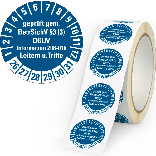 Prüfplakette geprüft gem. BetrSichV §3..., 26-31, blau, Rolle Prüfplakette geprüft gem. BetrSichV §3..., 26-31, blau, Rolle
