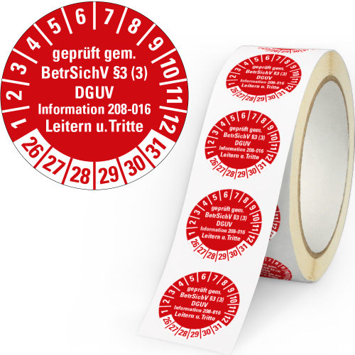 Prüfplakette geprüft gem. BetrSichV §3..., 26-31, rot, Rolle Prüfplakette geprüft gem. BetrSichV §3..., 26-31, rot, Rolle