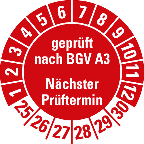 Prüfplakette geprüft nach BGV A3 Nächster Prüftermin, 25 - 30, rot, Folie selbstklebend, Ø 30 mm, 10 St./Bogen