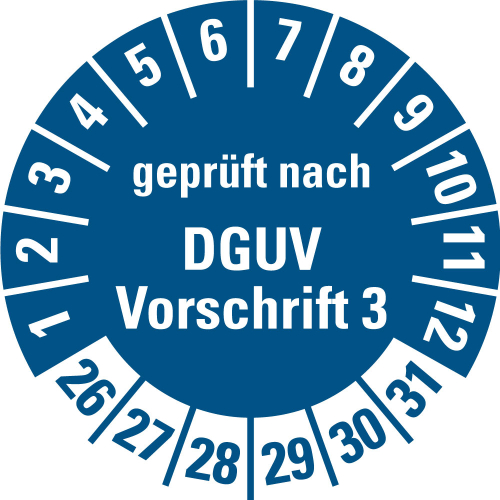 Prüfplakette geprüft nach DGUV Vorschrift 3, blau, 26-31, Spender, Standardfolie Prüfplakette geprüft nach DGUV Vorschrift 3, blau, 26-31, Spender, Standardfolie
