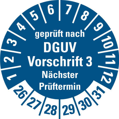 Prüfplakette geprüft nach DGUV Vorschrift 3 Nächster Prüftermin, Standardfolie, blau, 26-31