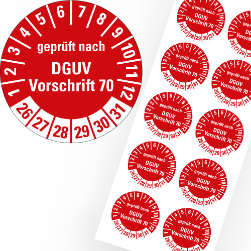 Prüfplakette geprüft nach DGUV Vorschrift 70, 26-31, Bogen