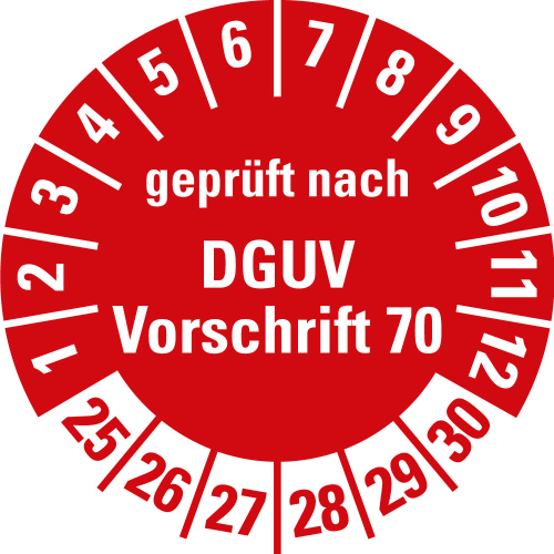 Prüfplakette geprüft nach DGUV Vorschrift 70, 25 - 30, rot, Folie selbstklebend, Ø 30 mm, 10 St./Bogen