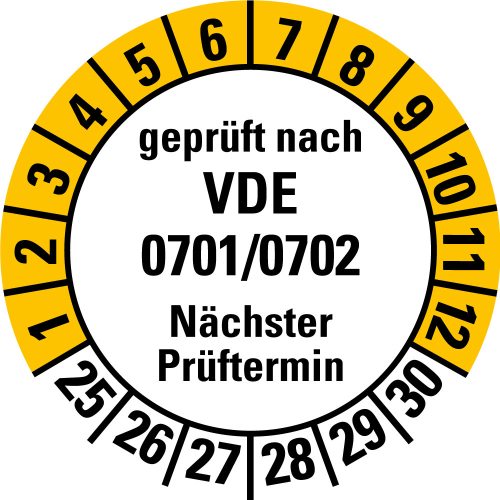 Prüfplakette geprüft nach VDE 0701/0702 Nächster Prüftermin, 25 - 30, weiß-gelb, Folie selbstklebend, Ø 30 mm, 10 St./Bogen