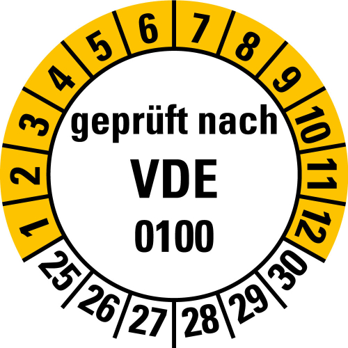 Prüfplakette geprüft nach VDE 0100, 25 - 30, weiß-gelb, Folie selbstklebend, Ø 30 mm, 10 St./Bogen