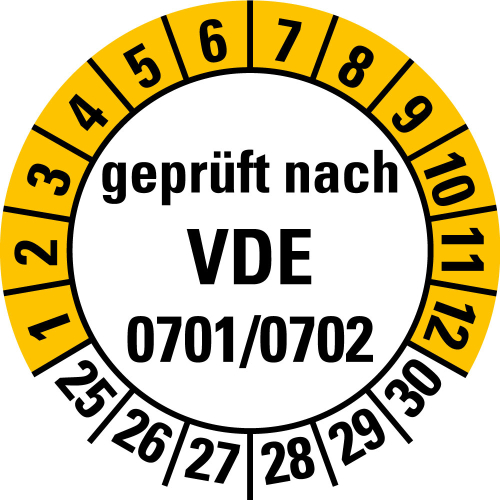 Prüfplakette geprüft nach VDE 0701/0702, 25 - 30, weiß-gelb, Folie selbstklebend, Ø 20 mm, 500 St./Rolle