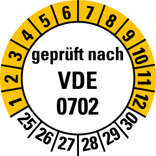 Prüfplakette geprüft nach VDE 0702, 25 - 30, weiß-gelb, Folie selbstklebend, Ø 20 mm, 500 St./Rolle