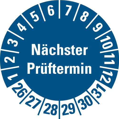 Prüfplakette Nächster Prüftermin, blau, Spender, 26-31, Ø 20 mm, Standardfolie Prüfplakette Nächster Prüftermin, blau, Spender, 26-31, Ø 20 mm, Standardfolie