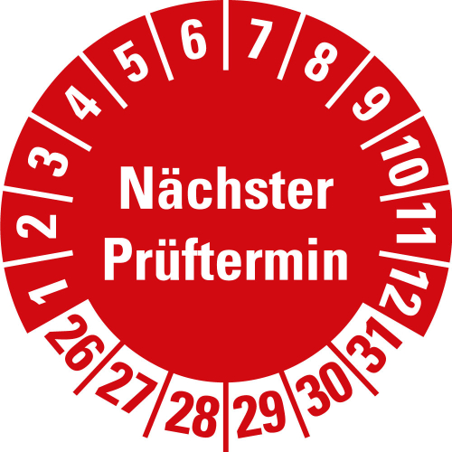 Prüfplakette Nächster Prüftermin, rot, Spender, 26-31, Ø 20 mm, Standardfolie Prüfplakette Nächster Prüftermin, rot, Spender, 26-31, Ø 20 mm, Standardfolie