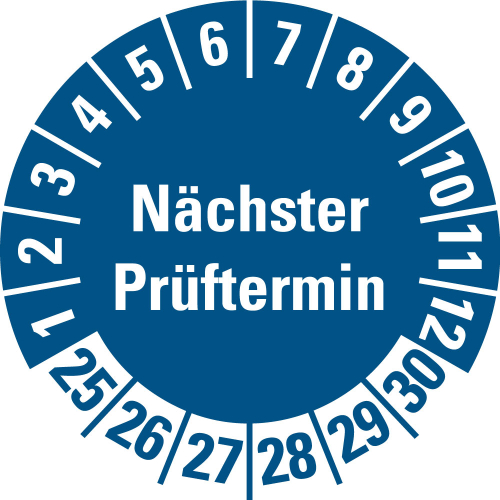 Prüfplakette Nächster Prüftermin, 25 - 30, blau, Folie selbstklebend, Ø 30 mm, 500 St./Spender