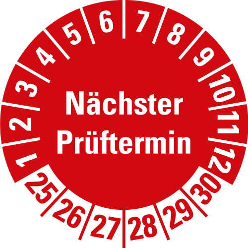 Prüfplakette Nächster Prüftermin, 25 - 30, rot, Folie selbstklebend, Ø 20 mm, 100 St./Heft