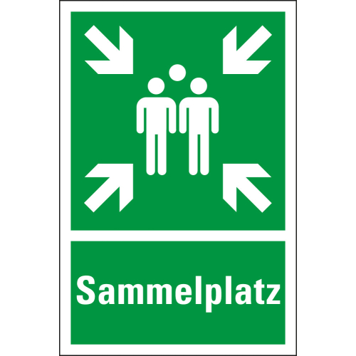 Rettungszeichen-Kombischild: Sammelplatz, Piktogramm Sammelstelle und Text, ASR/ISO