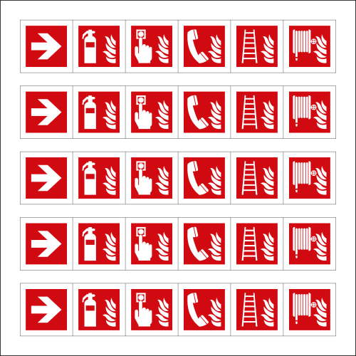 Sammelbogen: Minisymbole Brandschutz I, ASR/ISO, Folie selbstklebend, 12 mm x 12 mm, 30 St./Bogen Sammelbogen: Minisymbole Brandschutz I, ASR/ISO, Folie selbstklebend, 12 mm x 12 mm, 30 St./Bogen