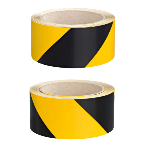 Set Warnmarkierungsband rechts- und linksweisend, zwei Farben, ASR A1.3, Folie mit Oberflächenschutz und Trägerpapier selbstklebend, verschiedene Größen, 2 Rollen / VE