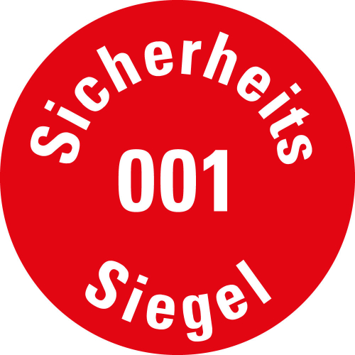 Sicherheitssiegel mit Text und fortlaufender Zahl von 001 - 500, rot