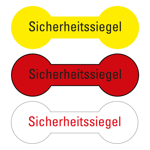 Sicherheitssiegel mit Text, gelb, rot oder weiß