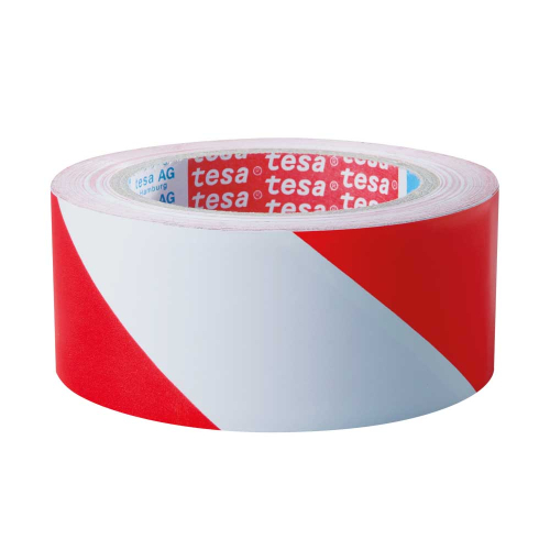 tesa® Warnmarkierungsband, rot-weiß, linksweisend, ASR, selbstklebendes Weichpolyvinyl, 50 mm x 33 m, 2 Rollen / VE tesa® Warnmarkierungsband, rot-weiß, linksweisend, ASR, selbstklebendes Weichpolyvinyl, 50 mm x 33 m, 2 Rollen / VE