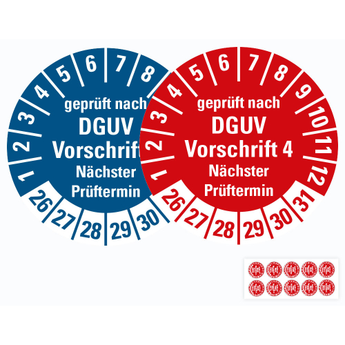 Hauptbild von Prüfplakette geprüft nach DGUV Vorschrift 4 Nächster Prüftermin, 26 - 31, rot oder blau, Folie selbstklebend, Ø 30 mm