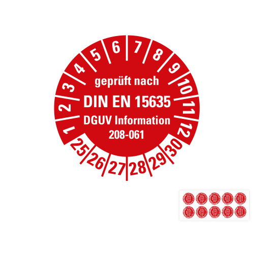 Hauptbild Prüfplakette geprüft nach DIN EN 15635, DGUV Information 208-061, rot, Folie mit Spezialkleber, versch. Jahreszahlen, Ø 30 mm, 10 St./Bogen