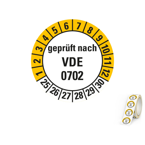 Produkt Hauptbild von Prüfplakette geprüft nach VDE 0702, weiß-gelb, Folie mit Spezialkleber, versch. Jahreszahlen