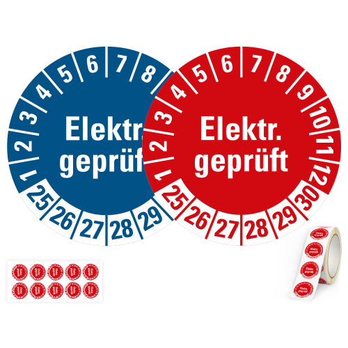 Hauptbild Prüfplakette Elektrisch geprüft, versch. Jahreszahlen und Materialien, rot oder blau, diverse Größen, Bogen oder Rolle Hauptbild Prüfplakette Elektrisch geprüft, versch. Jahreszahlen und Materialien, rot oder blau, diverse Größen, Bogen oder Rolle