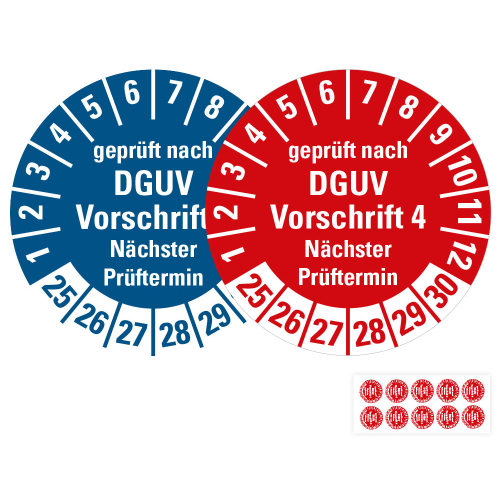Produkt Hauptbild von Prüfplakette geprüft nach DGUV Vorschrift 4 Nächster Prüftermin, rot oder blau, Folie mit Spezialkleber, versch. Jahreszahlen