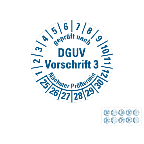 Produkt Hauptbild von 6-Jahres-Prüfplakette geprüft nach DGUV Vorschrift 3 Nächster Prüftermin, weiß, DIN EN 60601-01, Folie mit Spezialkleber, versch. Jahreszahlen & Durchmesser