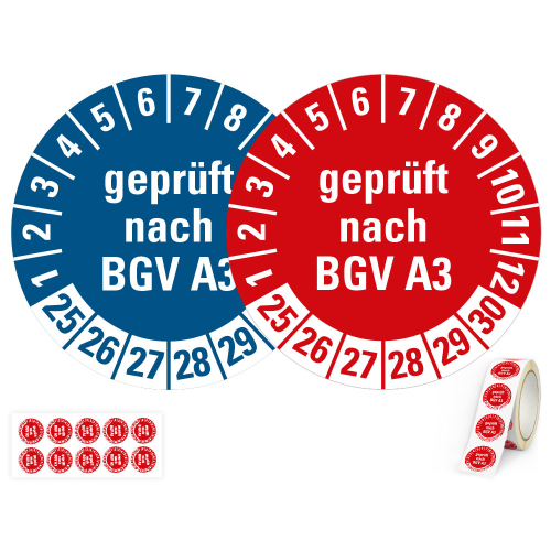 Produkt Hauptbild von 6-Jahres-Prüfplakette geprüft nach BGV A3, rot oder blau, Folie mit Spezialkleber, versch. Jahreszahlen, versch. Durchmesser & Lieferformen