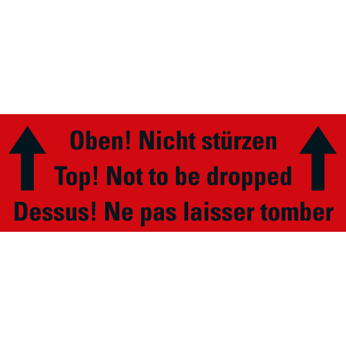 erpackungsetikett: Oben! Nicht stürzen, 3-sprachig, versch. Farben und Materialien, 147 mm x 50 mm, 250 St./Rolle