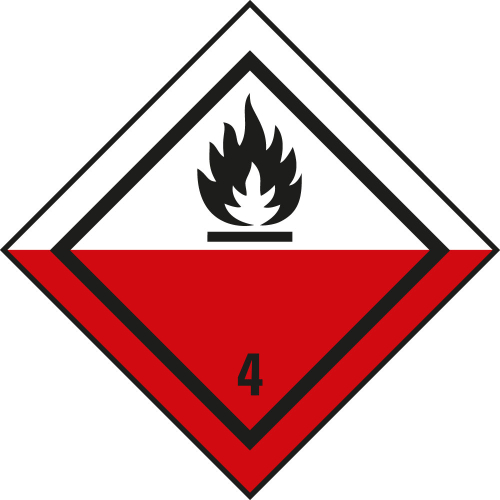 Verpackungskennzeichen: Klasse 4.2 - Selbstentzündliche Stoffe, IMDG-Code / GGVSEB / ADR / IATA, weiß-rot, versch. Materialien und Stückzahlen, 50 mm x 50 mm

