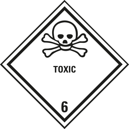 Verpackungskennzeichen: Klasse 6.1 - mit Zusatztext Toxic, IMDG-Code / GGVSEB / ADR / IATA, weiß-schwarz, versch. Materialien und Stückzahlen, 100 mm x 100 mm
