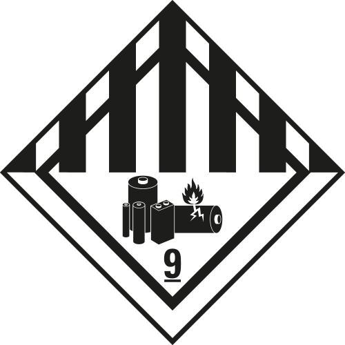 Verpackungskennzeichen: Klasse 9A - Lithiumbatterien, weiß-schwarz, versch. Materialien, Größen und Stückzahlen
