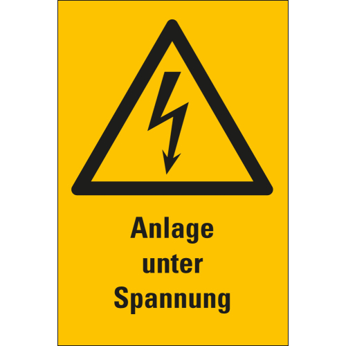 Warnschild: Anlage unter Spannung, Blitzpfeil, RoHS konform, Folie oder Kunststoff