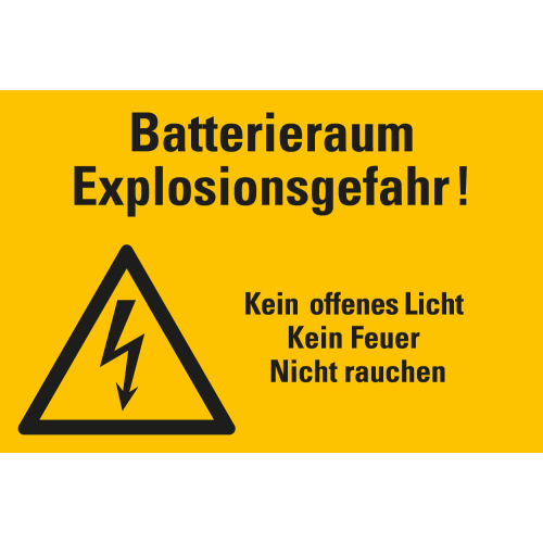 
Warnschild: Batterieraum Explosionsgefahr! Kein offenes Licht, Kein Feuer, Nicht rauchen, Blitzpfeil, Folie oder Kunststoff, 300 mm x 200 mm, nur als Einzelstück
