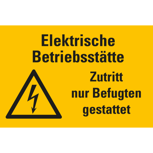 
Warnschild: Elektrische Betriebsstätte! Zutritt nur Befugten gestattet, Blitzpfeil, Folie oder Kunststoff, 300 mm x 200 mm, nur als Einzelstück

