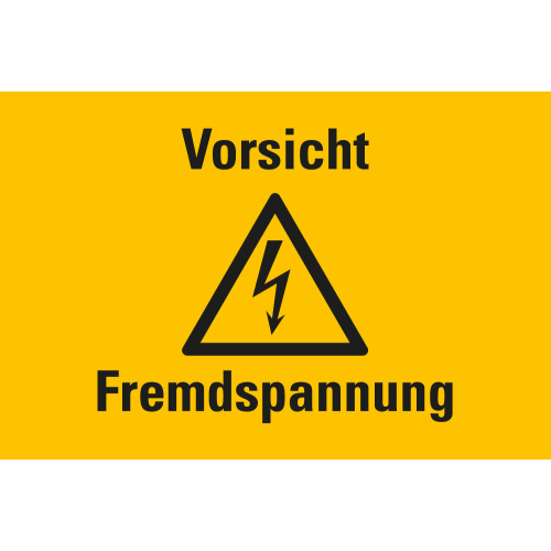 Warnschild: Vorsicht Fremdspannung, Blitzpfeil, RoHS konform, Folie oder Kunststoff, verschiedene Größen, nur als Einzelstück