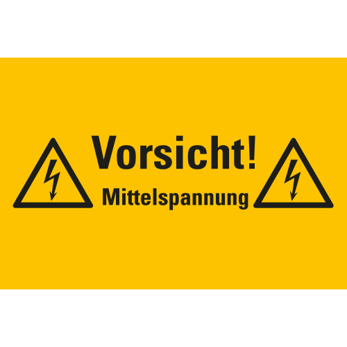 Warnschild: Vorsicht Mittelspannung!, zwei Blitzpfeile, RoHS konform, Folie oder Kunststoff