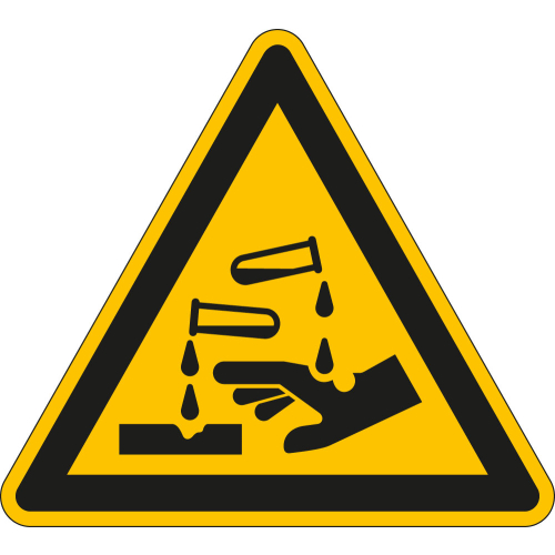 Warnschild: Warnung vor ätzenden Stoffen, Dreieck, gelb-schwarz Warnschild: Warnung vor ätzenden Stoffen, Dreieck, gelb-schwarz