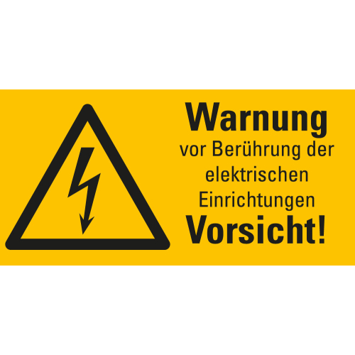 Warnschild: Warnung vor Berührung der elektrischen Einrichtungen, Vorsicht!, Blitzpfeil, RoHS konform, Folie selbstklebend, verschiedene Größen, Einzelstück oder Bogen
