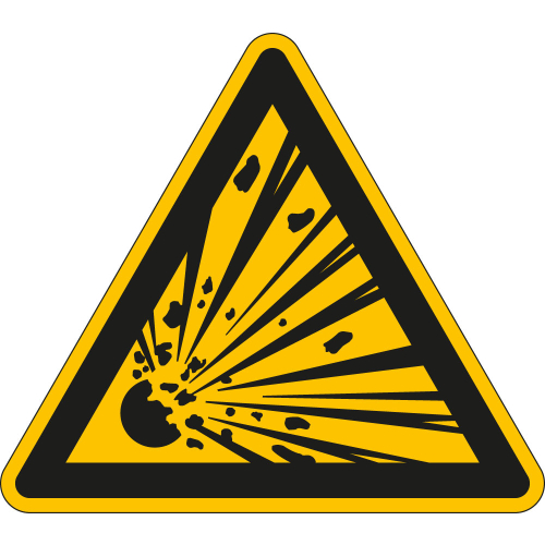 Warnschild: Warnung vor explosionsgefährlichen Stoffen, Dreieck, gelb-schwarz Warnschild: Warnung vor explosionsgefährlichen Stoffen, Dreieck, gelb-schwarz