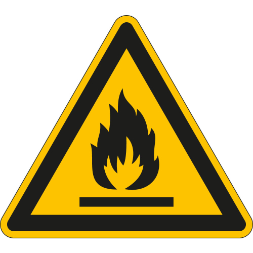 Warnschild: Warnung vor feuergefährlichen Stoffen, Dreieck, gelb-schwarz Warnschild: Warnung vor feuergefährlichen Stoffen, Dreieck, gelb-schwarz