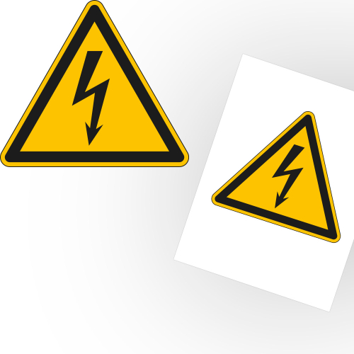 Warnschild: Warnung vor elektrischer Spannung, Blitzpfeil, ASR/ISO, Folie selbstklebend, Schenkellänge 100 mm, 1 St./Bogen