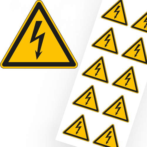 Warnschild: Warnung vor elektrischer Spannung, Blitzpfeil, ASR/ISO, Folie speziell für heiße Untergründe, Schenkellänge 50 mm, 10 St./Bogen
