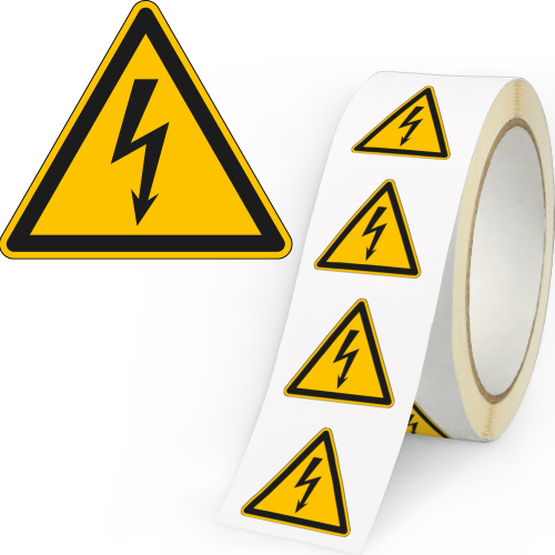 Warnschild: Warnung vor elektrischer Spannung, Blitzpfeil, ASR/ISO, Folie selbstklebend, Schenkellänge 100 mm, 500 St./Rolle
