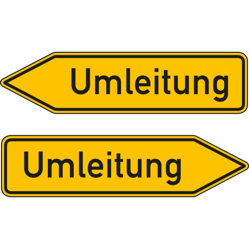 Wegweiser: Umleitung doppelseitig, rechts- oder linksweisend, gelb, DIN 67520, verschiedene Materialien, 1250 mm x 350 mm, nur als Einzelstück
