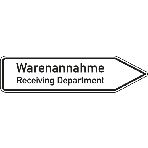 Wegweiser: Warenannahme / Receiving Department 2-sprachig rechtsweisend, weiß, DIN 67520, Aluminium RA0 reflektierend