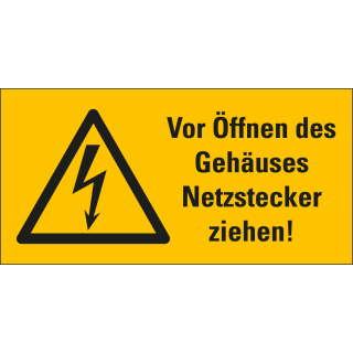 Warnschild: Vor Öffnen des Gehäuses Netzstecker ziehen, Blitzpfeil, Folie selbstklebend, verschiedene Größen, Einzelstück oder Bogen
