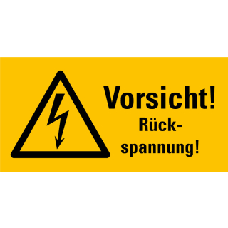 
Warnschild: Vorsicht Rückspannung!, Blitzpfeil, schwarz-gelb, praxisbewährt, Folie selbstklebend, 52 mm x 26 mm, 10 St./Bogen