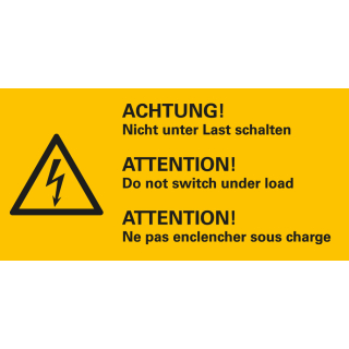 Warnschild: ACHTUNG! Nicht unter Last schalten, 3-sprachig, Blitzpfeil, ASR/ISO, Folie selbstklebend, zwei Größen, nur als Einzelstück